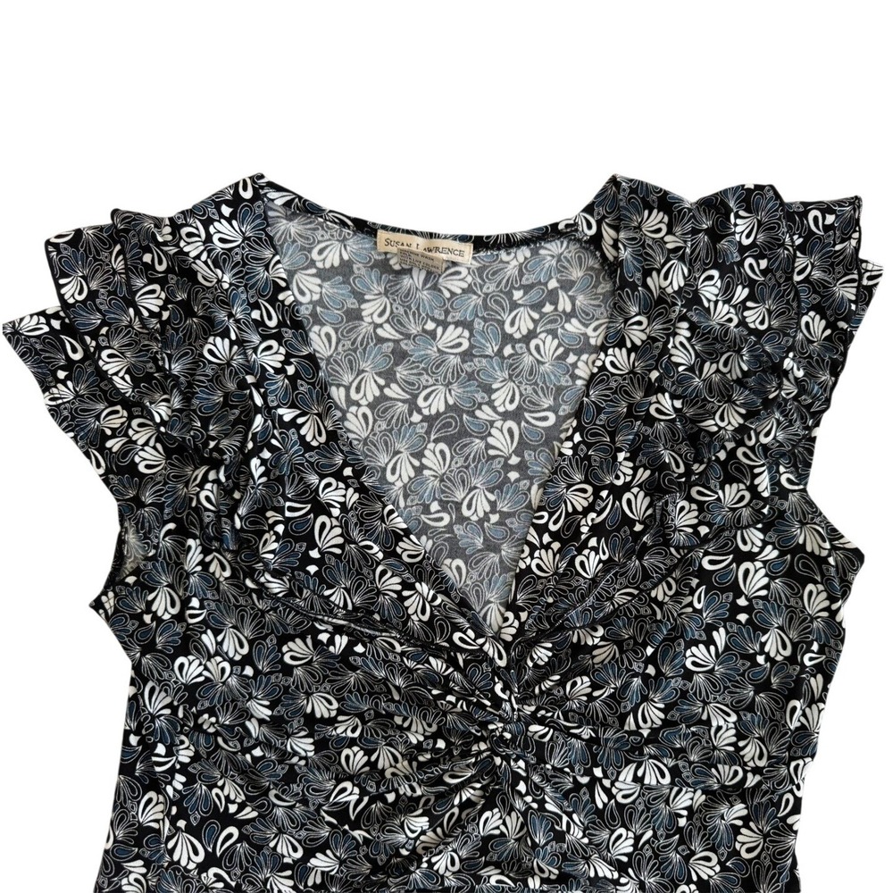 Susan Lawrence Womens Cap Sleeve V-Neck Twist Front Floral Paisley Top‎ Black M - Picture 2 of 7